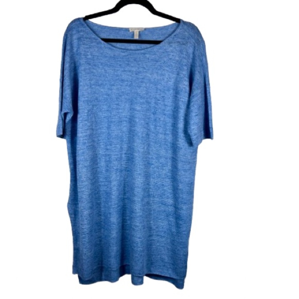 Eileen Fisher 100% Linen Blue Short Sleeve Relaxed Tunic Sweater or Dress Large